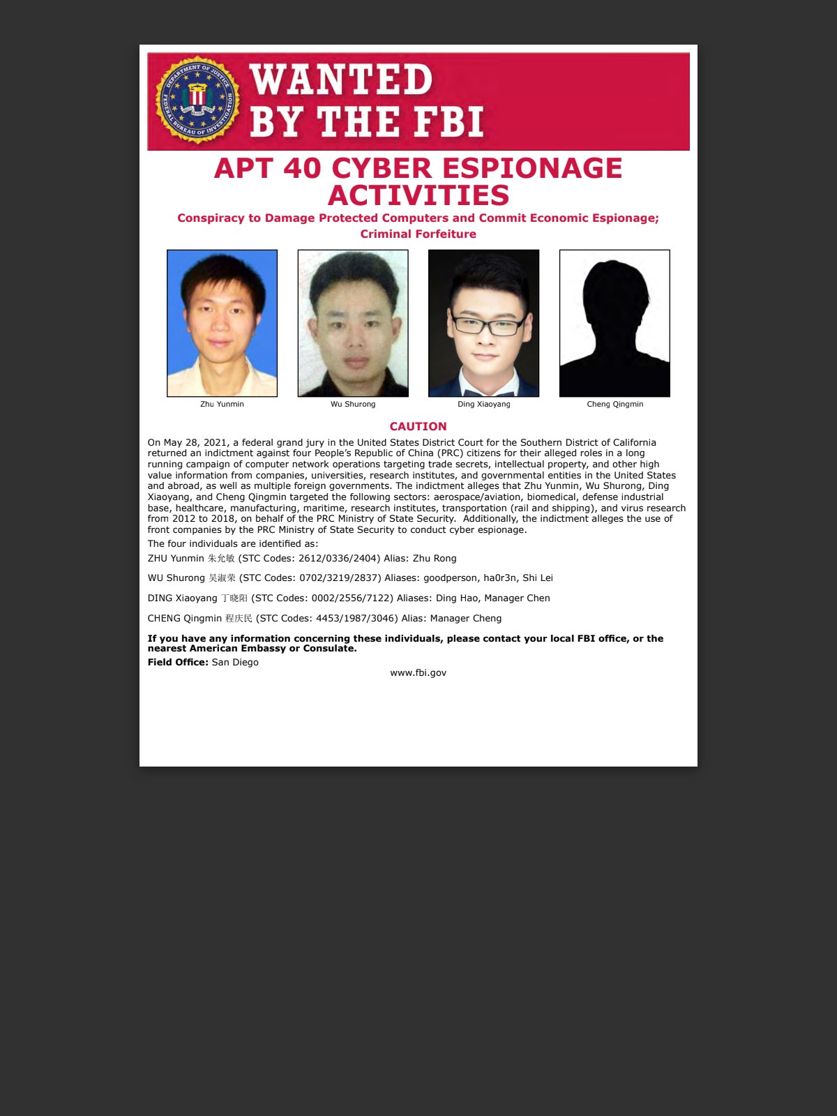 FBI wanted poster showing three identified APT40 defendants and a silhouette for a fourth