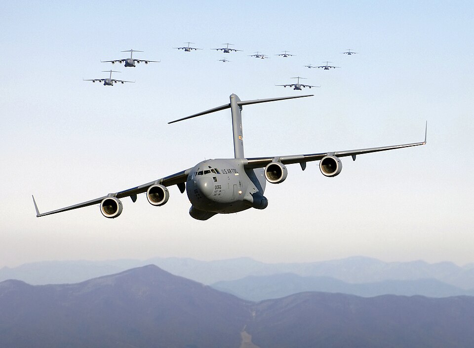 A large United States military transport aircraft in flight