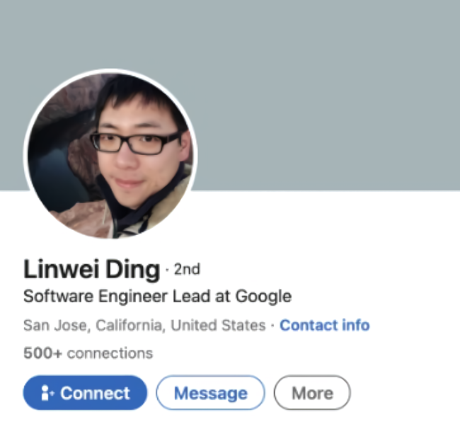 Screenshot of Linwei Ding's former LinkedIn profile with his profile photograph and Google job title